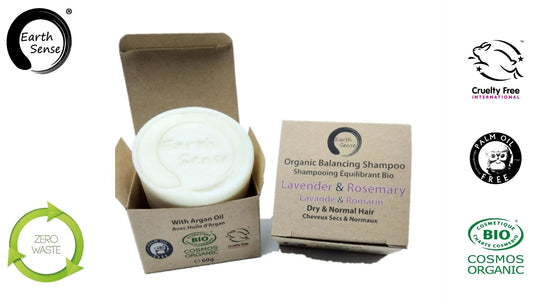 Organic Certified Balancing Solid Shampoo - Lavender & Rosemary - Dry & all Hair Types 60g - Earthsenseorganics