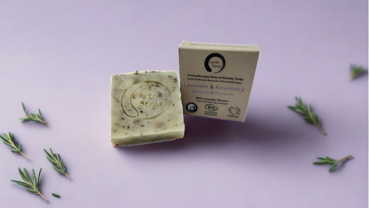 Organic Certified Solid Soap - Lavender & Rosemary with Lavender flowers 90g
