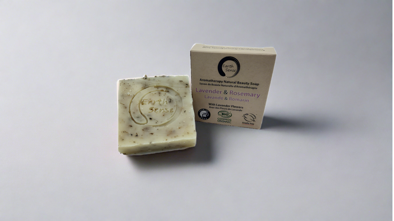 Organic Certified Solid Soap - Lavender & Rosemary with Lavender flowers 90g